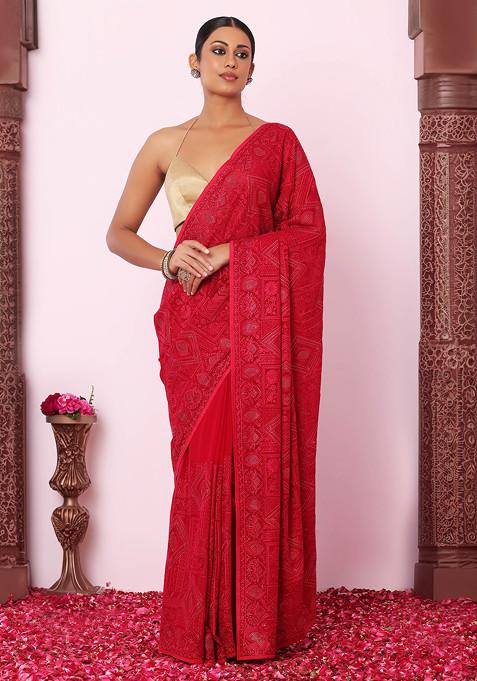 Rani Pink Abstract Thread Embroidered Saree With Blouse