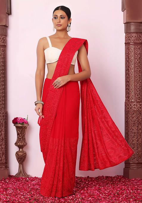 Red Abstract Thread Embroidered Saree With Blouse