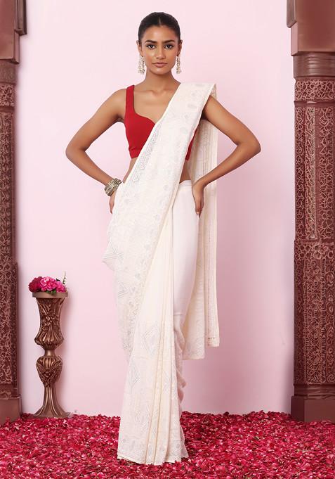 Ivory Abstract Thread Embroidered Saree With Blouse