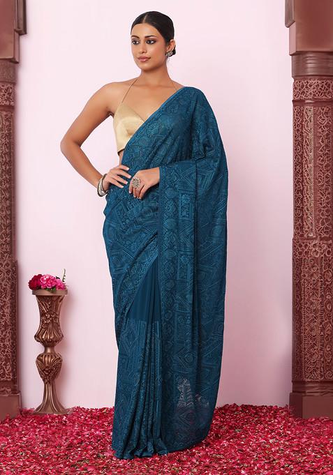 Teal Abstract Thread Embroidered Saree With Blouse