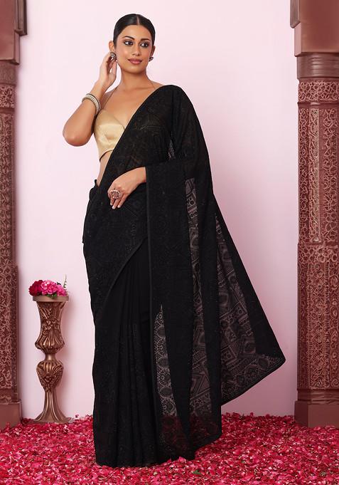Black Abstract Thread Embroidered Embellished Saree With Blouse
