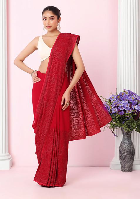 Berry Pink Abstract Thread Embroidered Saree With Blouse