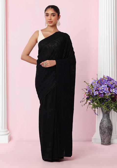 Black Abstract Thread Embroidered Saree With Blouse