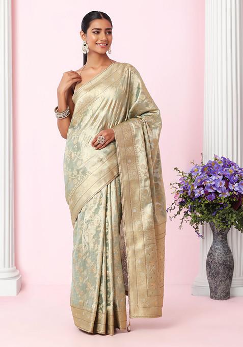 Gold Floral Brocade Saree With Blouse