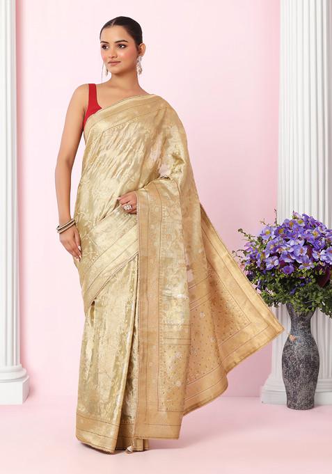 Pastel Green Floral Brocade Saree With Blouse