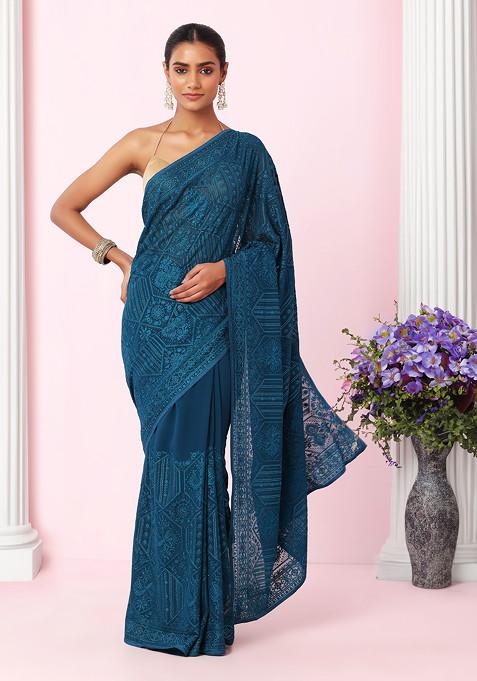Turquoise Tonal Thread Floral Embroidered Saree With Blouse