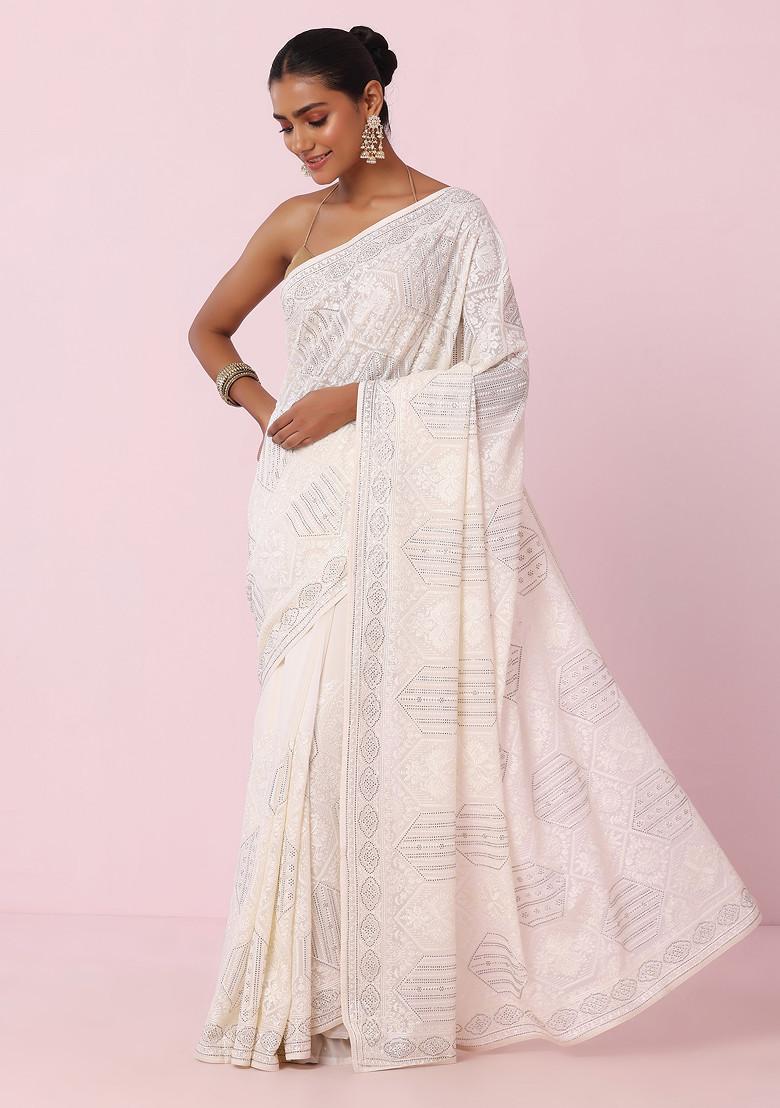 Buy Women Off White Tonal Thread Floral Embroidered Saree With Blouse