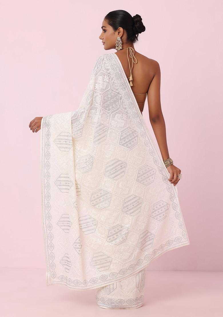 Buy Women Off White Tonal Thread Floral Embroidered Saree With Blouse