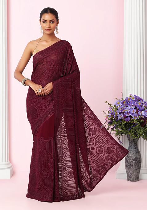 Dark Purple Tonal Thread Floral Embroidered Saree With Blouse
