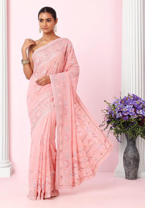 Peach Floral Multicolour Thread Embroidered Saree With Blouse