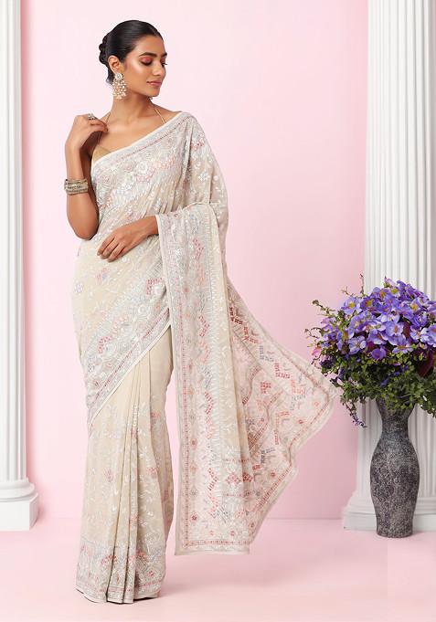 Light Grey Floral Multicolour Thread Embroidered Saree With Blouse