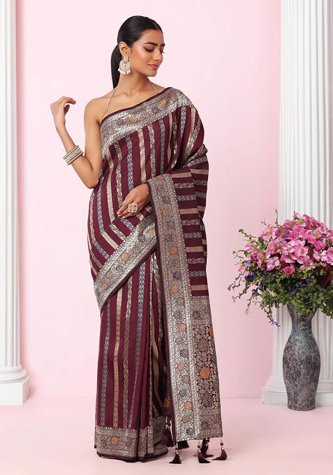 Burgundy Mughal Floral Embroidered Silk Saree With Blouse