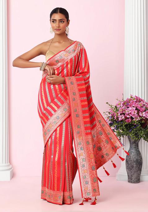 Red Mughal Floral Embroidered Silk Saree With Blouse