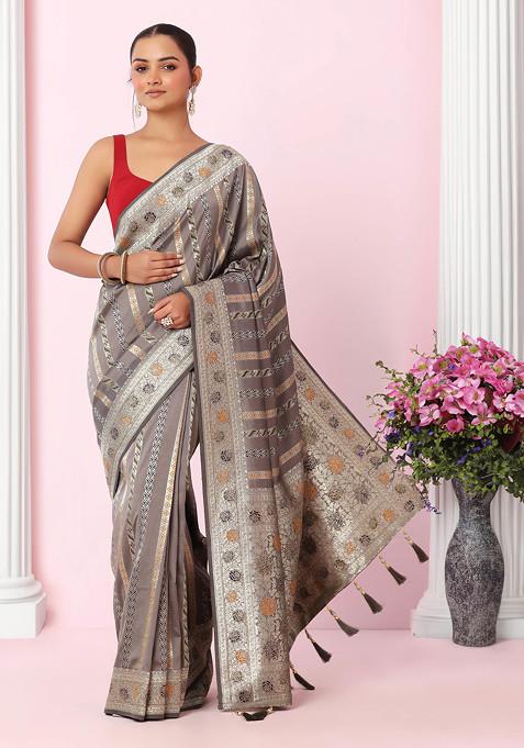 Grey Mughal Floral Embroidered Silk Saree With Blouse