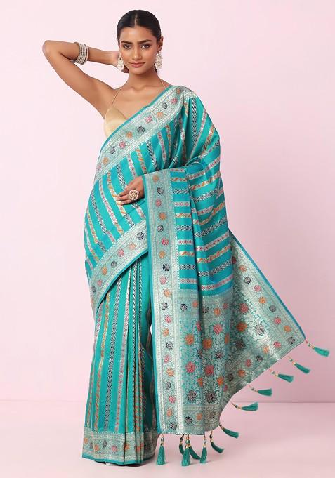 Turquoise Mughal Floral Embroidered Silk Saree With Blouse