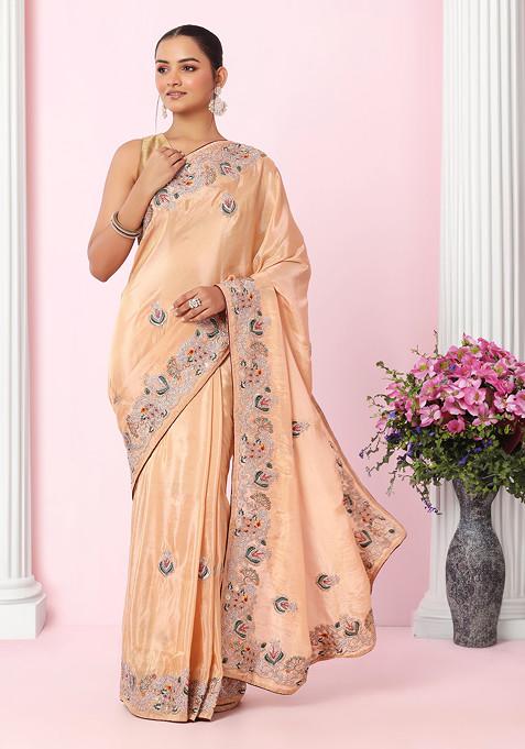 Peach Zari And Thread Embroidered Shimmer Organza Saree With Contrast Blouse