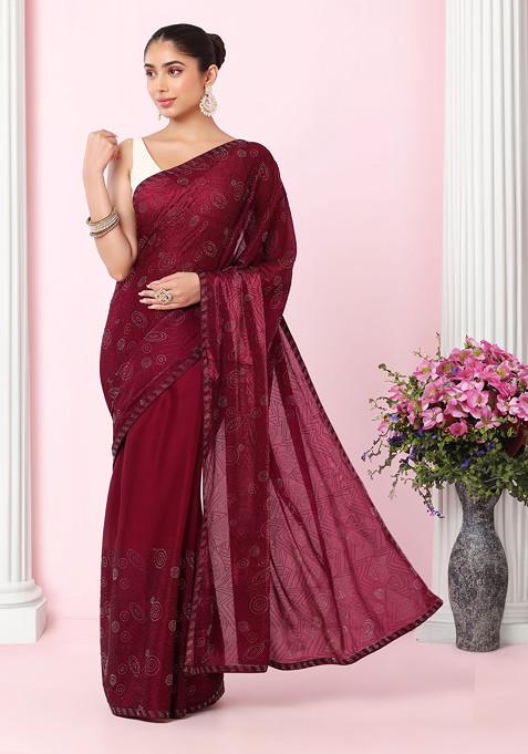 Wine Abstract Swarovski Embroidered Organza Saree With Blouse