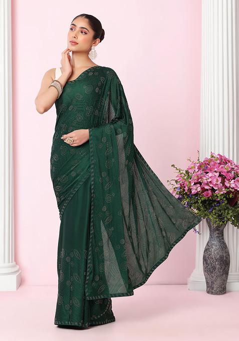 Deep Green Abstract Swarovski Embroidered Organza Saree With Blouse