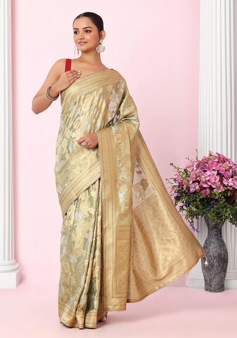 Lime Green Floral Embroidered Jacquard Silk Saree With Blouse