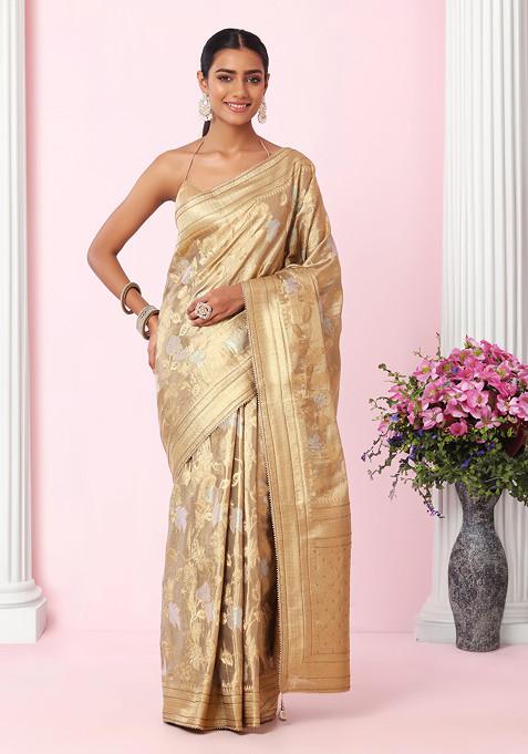 Grey Floral Embroidered Jacquard Silk Saree With Blouse