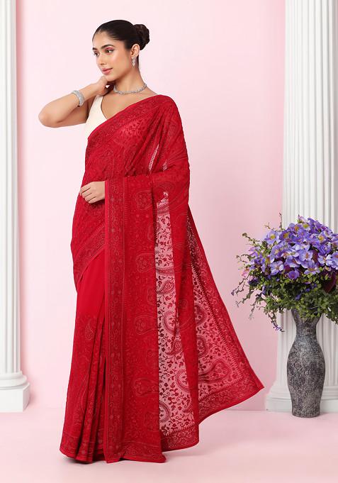 Rani Pink Floral Tonal Thread Embroidered Saree With Blouse