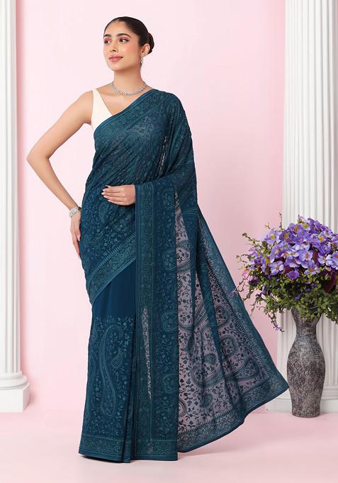Teal Floral Tonal Thread Embroidered Saree With Blouse