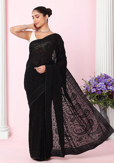 Black Floral Tonal Thread Embroidered Saree With Blouse