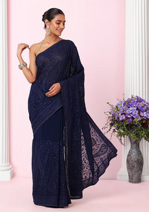 Navy Blue Floral Tonal Thread Embroidered Saree With Blouse