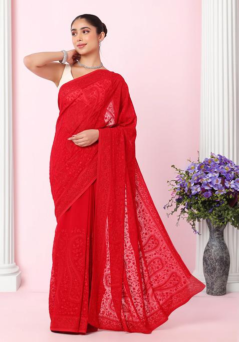 Red Floral Tonal Thread Embroidered Saree With Blouse