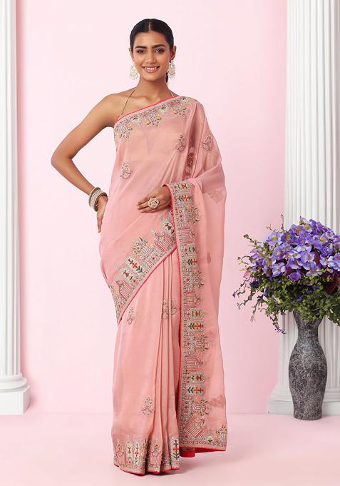 Blush Ethnic Multicolour Thread Embroidered Organza Saree With Blouse