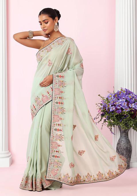 Pastel Green Ethnic Multicolour Thread Embroidered Organza Saree With Blouse