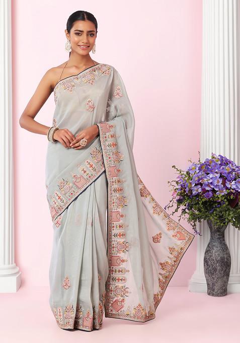 Grey Ethnic Multicolour Thread Embroidered Organza Saree With Blouse