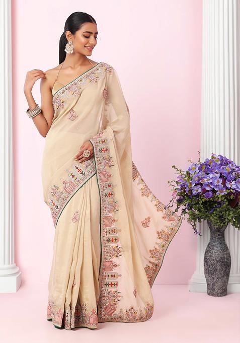 Beige Ethnic Multicolour Thread Embroidered Organza Saree With Blouse