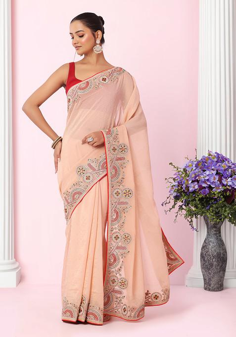 Blush Multicolour Thread Embroidered Shimmer Organza Saree With Blouse