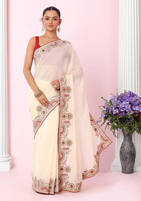 Ivory Multicolour Thread Embroidered Shimmer Organza Saree With Blouse