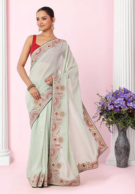 Seafoam Multicolour Thread Embroidered Shimmer Organza Saree With Blouse
