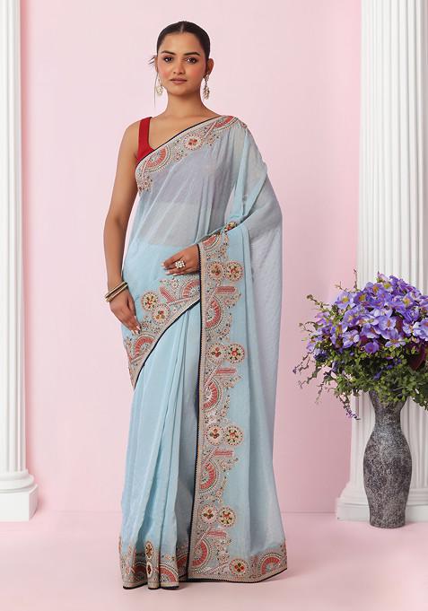 Blue Multicolour Thread Embroidered Shimmer Organza Saree With Blouse