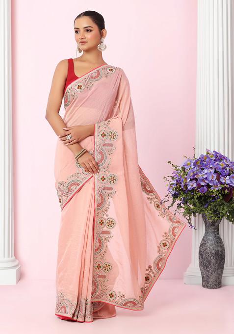 Pastel Pink Multicolour Thread Embroidered Shimmer Organza Saree With Blouse