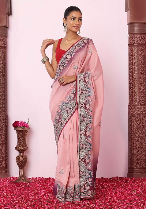 Pastel Pink Floral Thread Embroidered Ombre Saree With Contrast Blouse