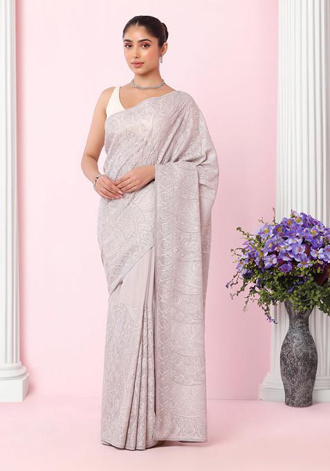 Grey Thread Embellished Organza Saree With Blouse