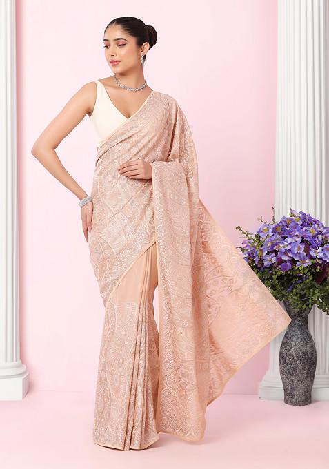Beige Thread Embellished Organza Saree With Blouse