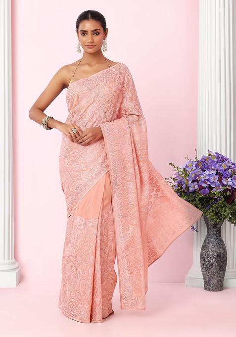 Peach Thread Embellished Organza Saree With Blouse