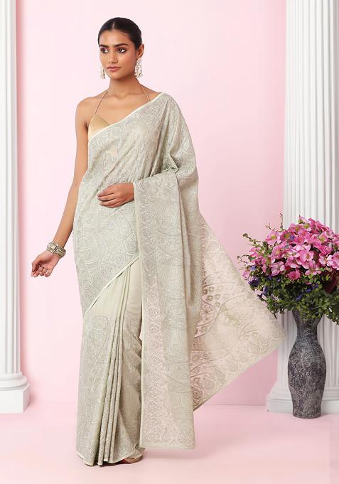 Pastel Green Thread Embellished Organza Saree With Blouse