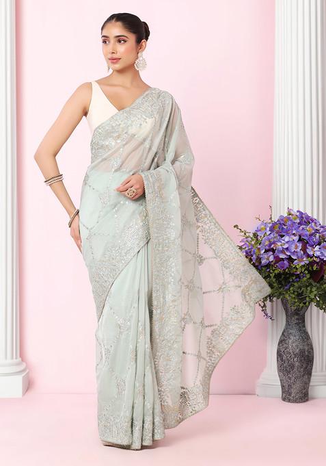Pastel Green Foil Thread Embroidered Organza Saree With Blouse