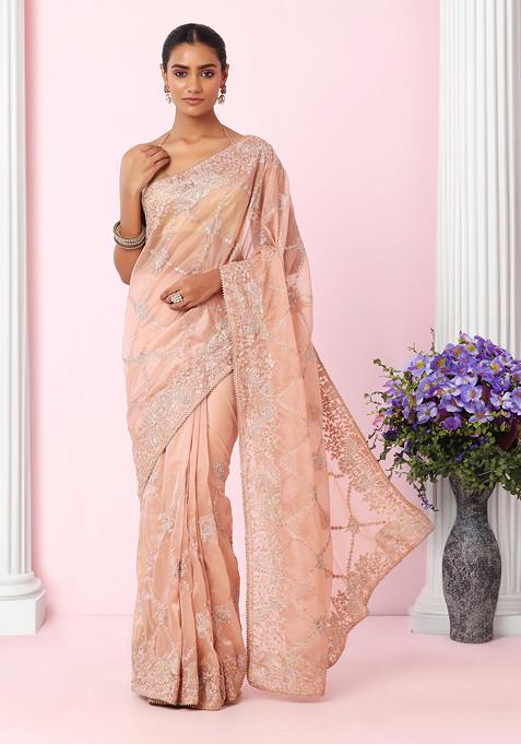 Peach Foil Thread Embroidered Organza Saree With Blouse