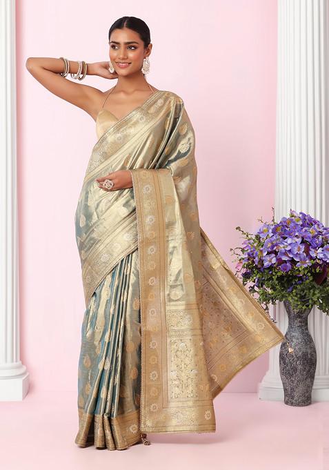Lime Green Floral Brocade Silk Saree With Blouse
