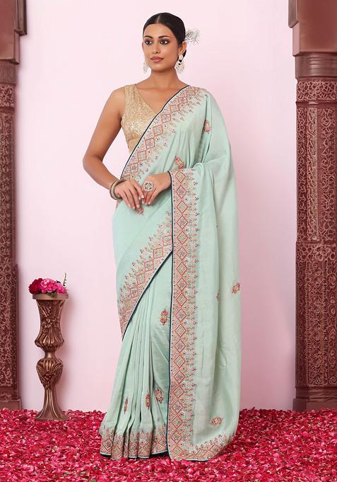 Sage Green Zari And Thread Floral Embroidered Silk Saree With Blouse