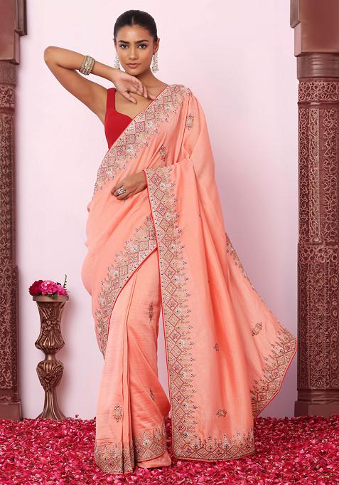Peach Zari And Thread Floral Embroidered Silk Saree With Blouse