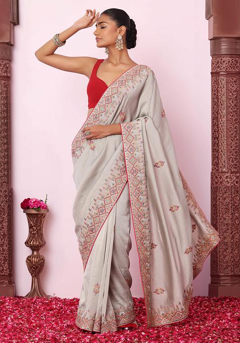Grey Zari And Thread Floral Embroidered Silk Saree With Blouse