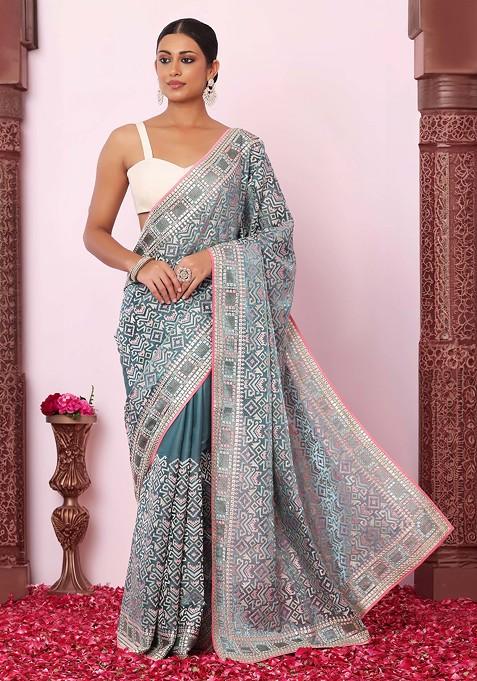 Blue Abstract Multicolour Thread Embroidered Organza Saree With Blouse